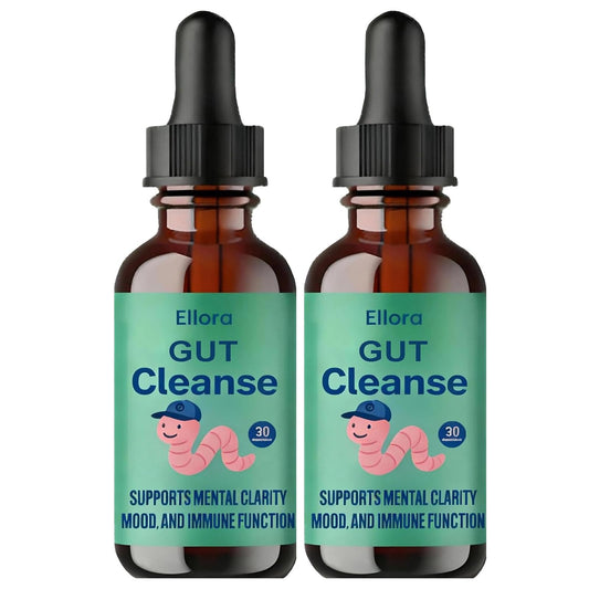 Ellora Gut Cleanse Liquid Drops bottle being poured for easy daily dosing