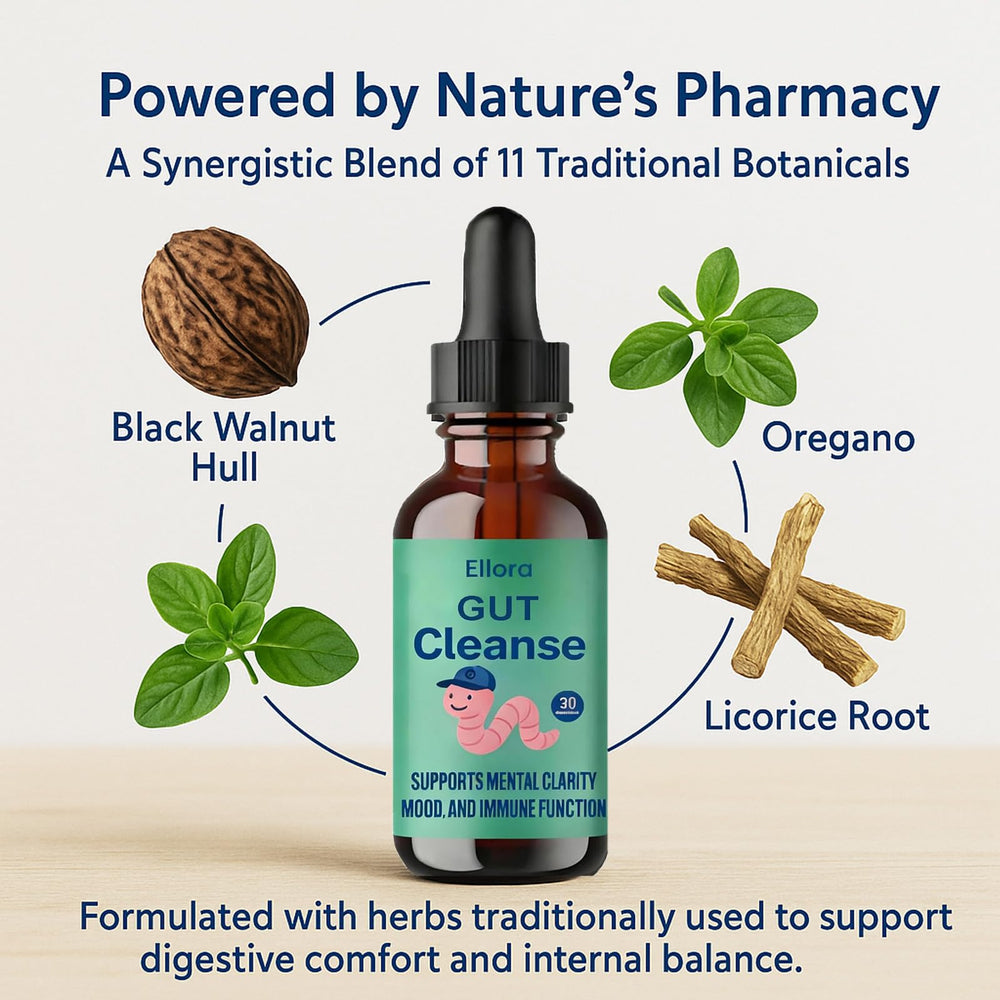 Dropper dispensing a measured amount of Ellora Gut Cleanse Liquid Drops
