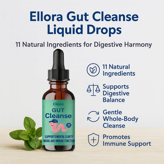 Close-up of the herbal blend label on Ellora Gut Cleanse Liquid Drops