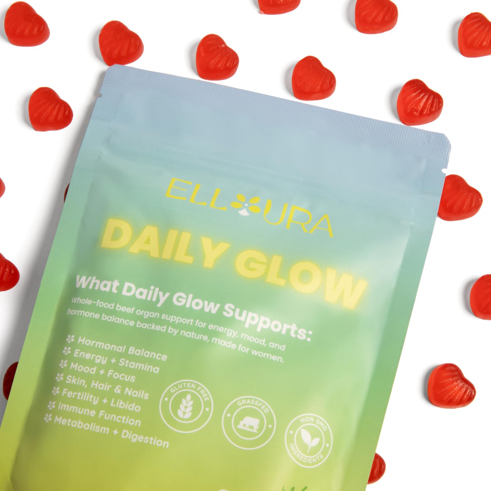 Elloura beef organ gummies gluten-free label on packaging for sensitive diets.