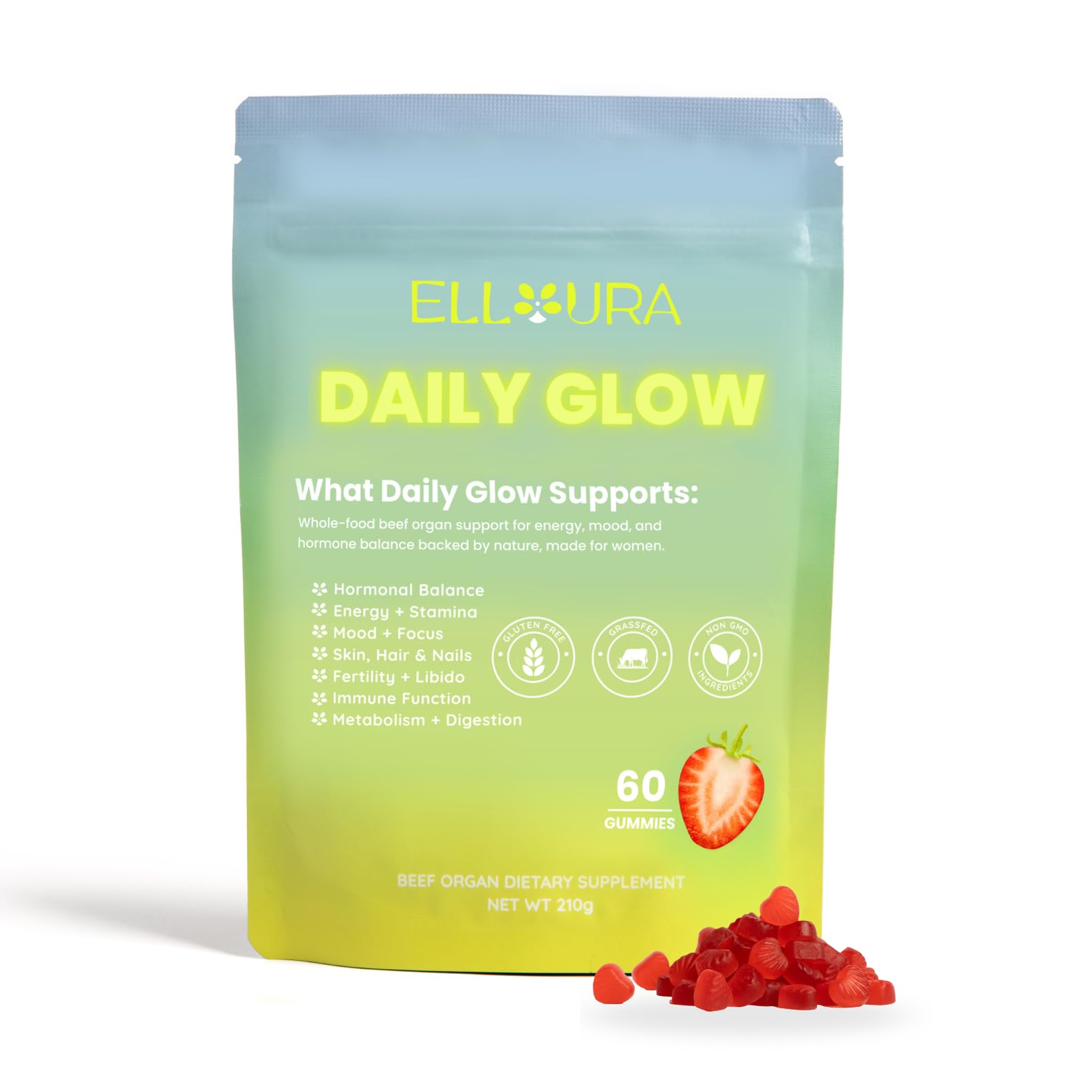 Elloura beef organ gummies packaging in a resealable bag for on-the-go wellness.