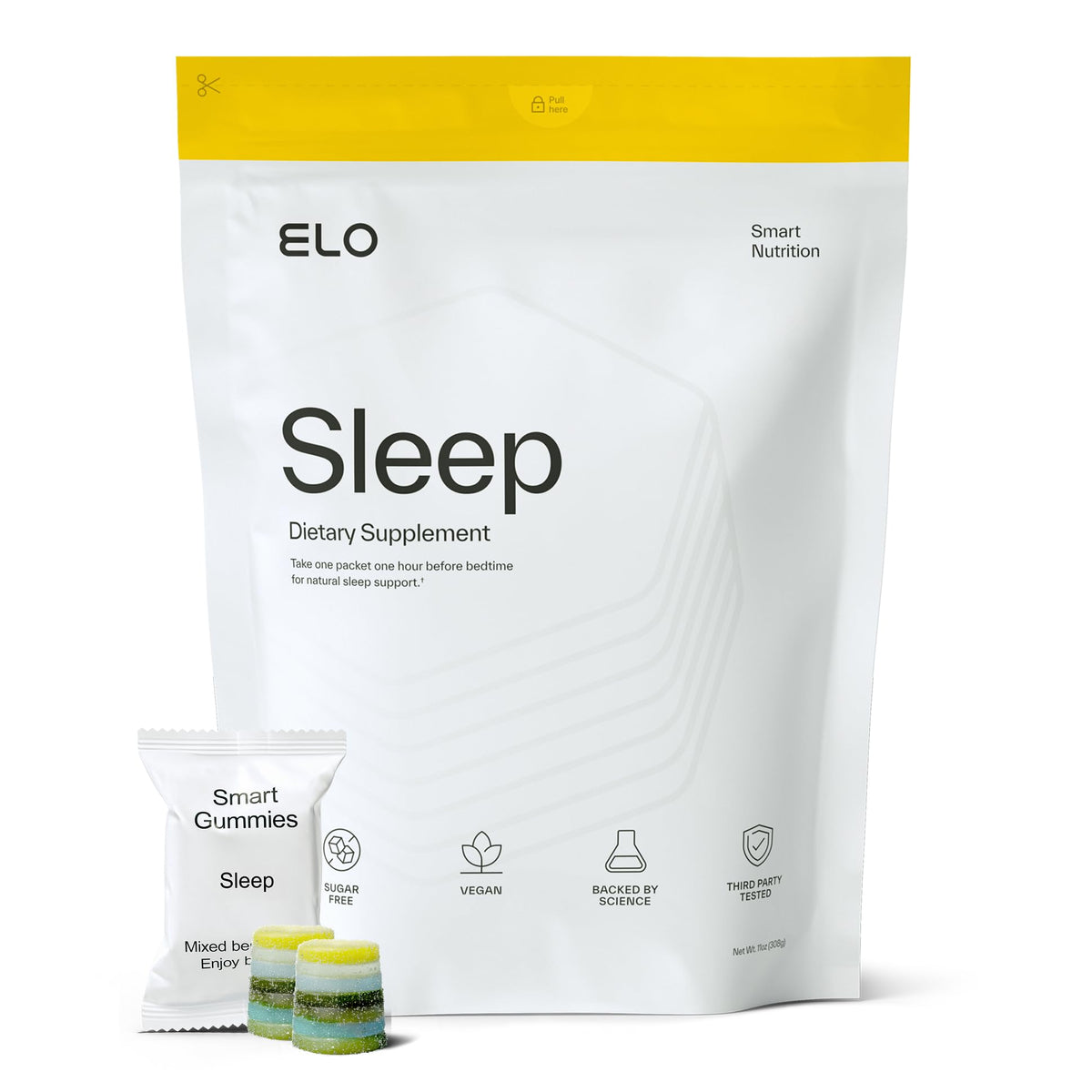Elo Health Non-Groggy Sleep Gummies bottle shown for restful nights and convenient nightly use.