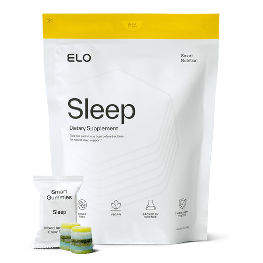 Elo Health Non-Groggy Sleep Gummies bottle shown for restful nights and convenient nightly use.