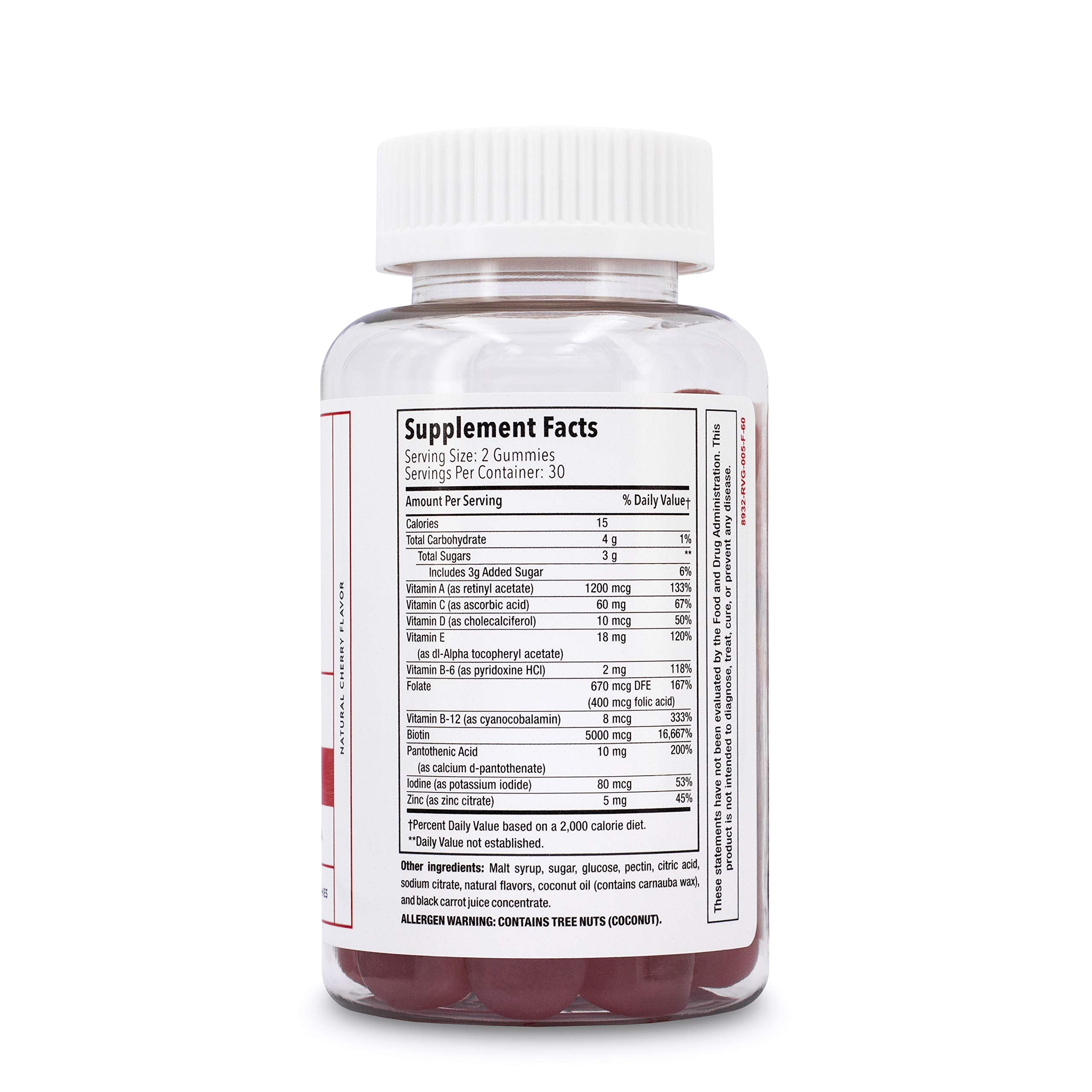 Nutrition panel features vitamins A, E, B12, and B5.