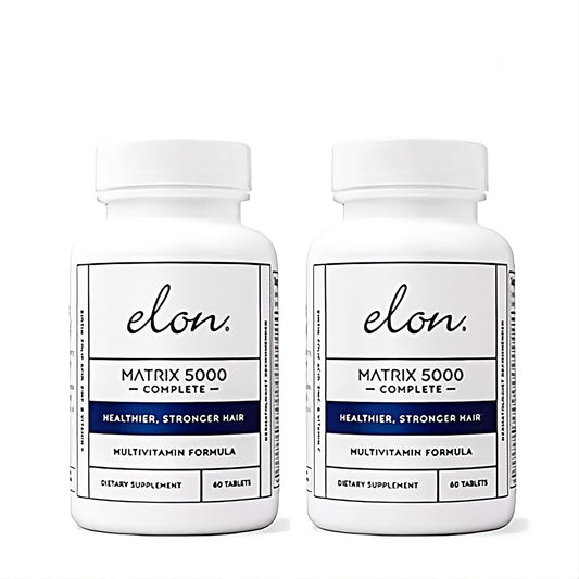 Elon Matrix 5000 bottle closeup for daily hair, skin and nails support.