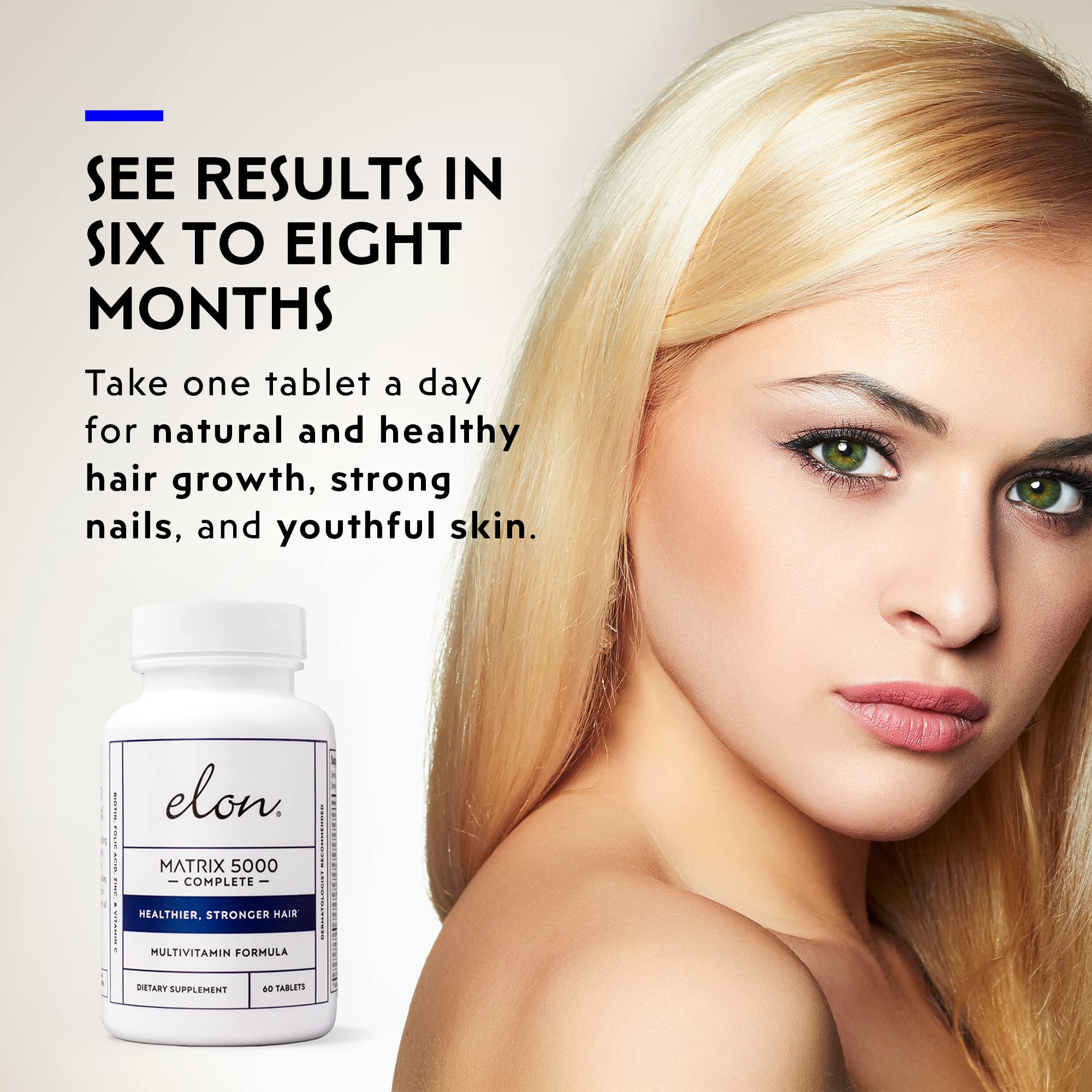 Daily dose scene showing one tablet a day for hair, skin, and nails.