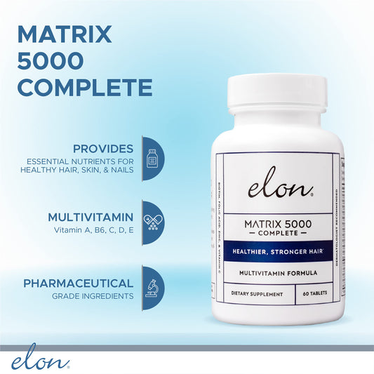 Elon Matrix 5000 tablets view highlighting biotin-rich formula for healthy hair.