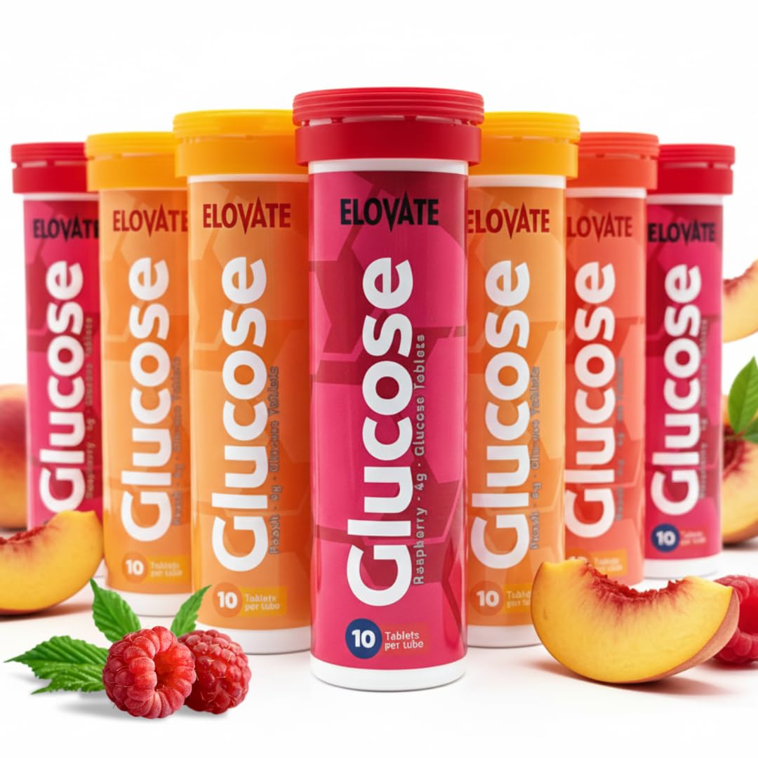 ELOVATE peach-tablet fast-acting glucose for quick energy on the go.