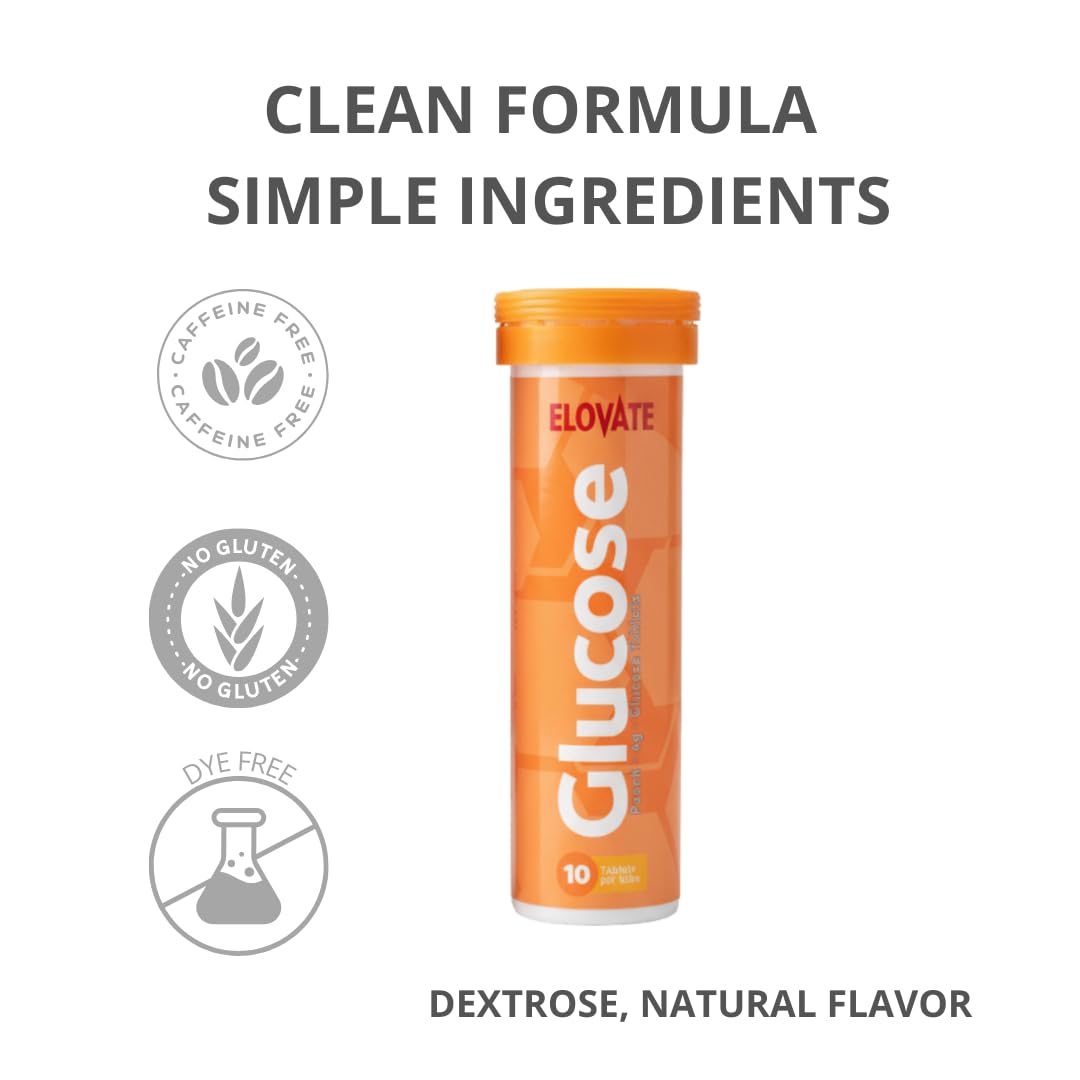 Peach-flavored ELoVATE glucose tablet for a pleasant, fast energy boost.