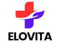 Logo of Elovita with a red and purple cross on a white background