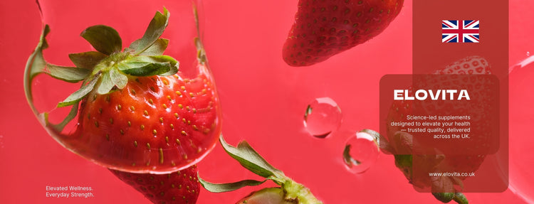 Strawberries with water droplets on a red background, featuring the Elovita brand.