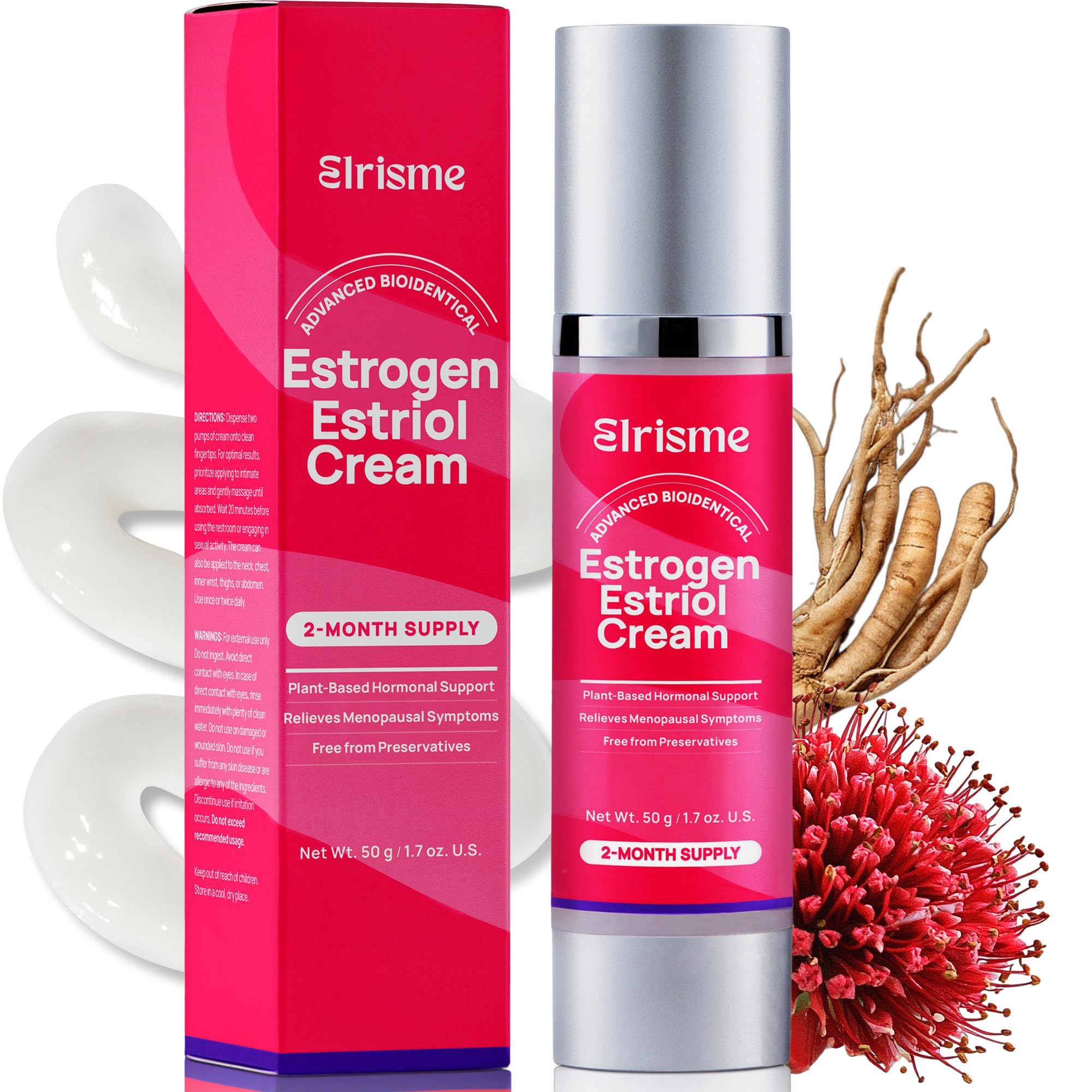 Elrisme Estriol Cream bottle close-up showing smooth texture for menopause support.
