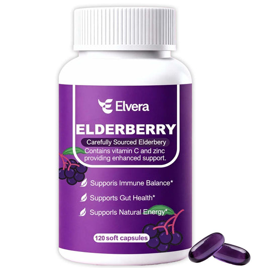 ELSORY Elvera elderberry bottle front promotes daily immune support and gut balance.