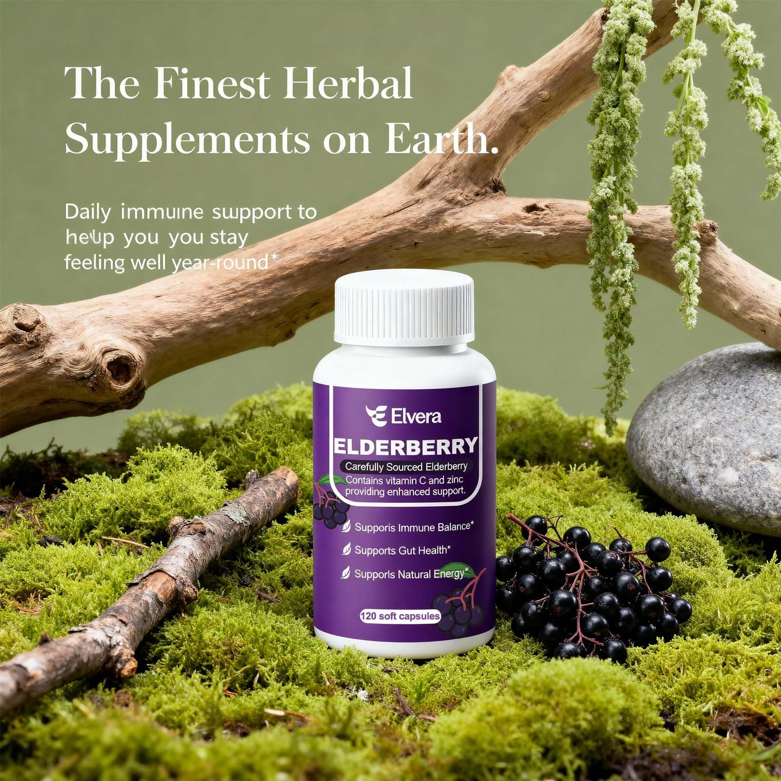 ELSORY Elvera elderberry capsules closeup highlights vegan, non-GMO formula for wellness.