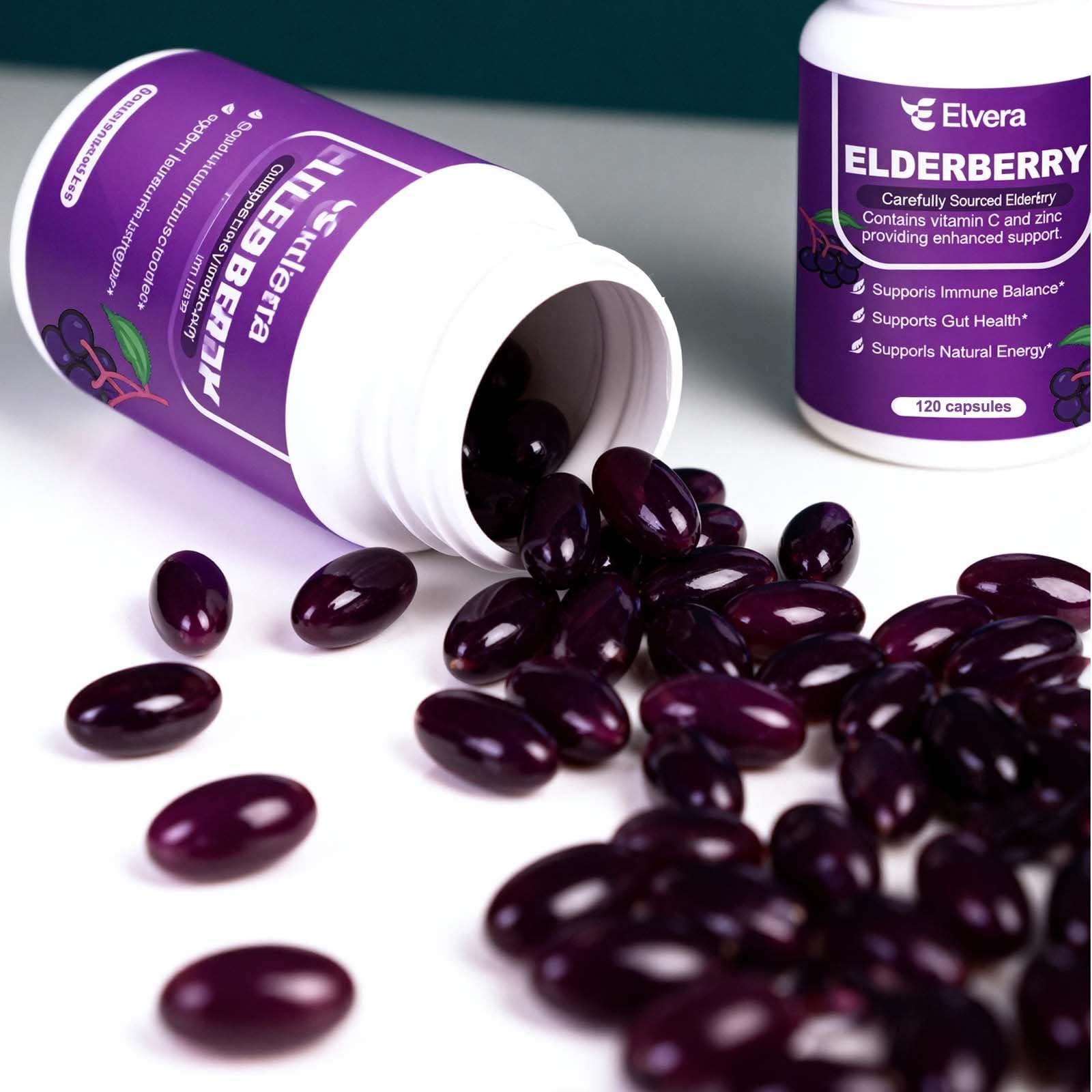 ELSORY Elvera elderberry capsules in eco-friendly box for travel simplicity.