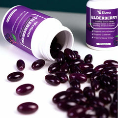 ELSORY Elvera elderberry capsules in eco-friendly box for travel simplicity.