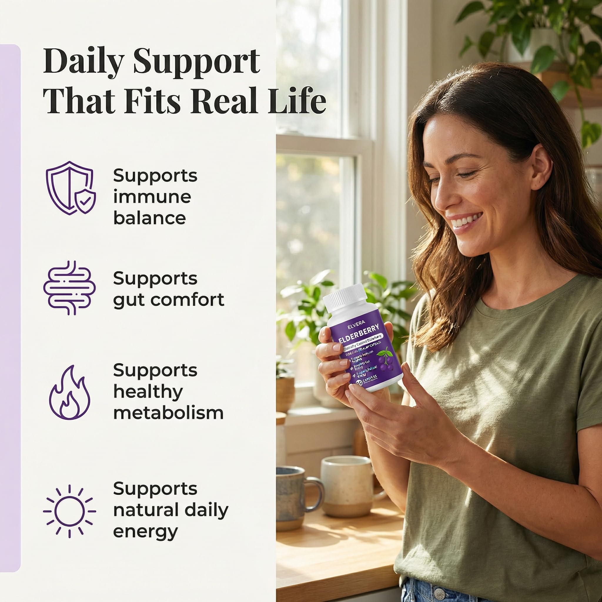 ELVERA Elderberry Gut Support capsules displayed for digestive balance