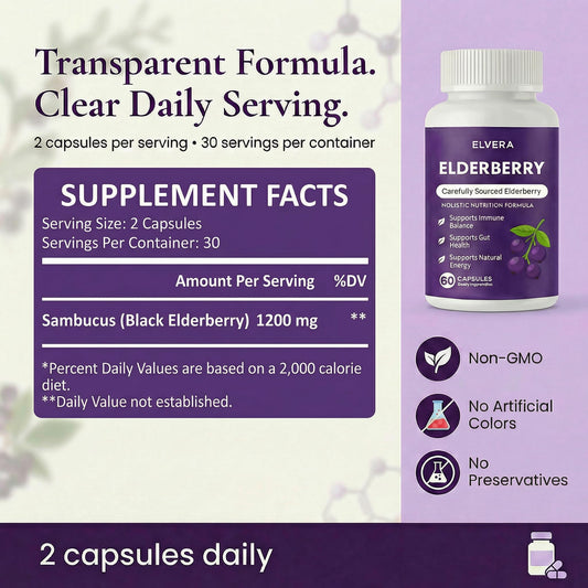 ELVERA Elderberry Gut Support label highlights organic ingredients and zinc