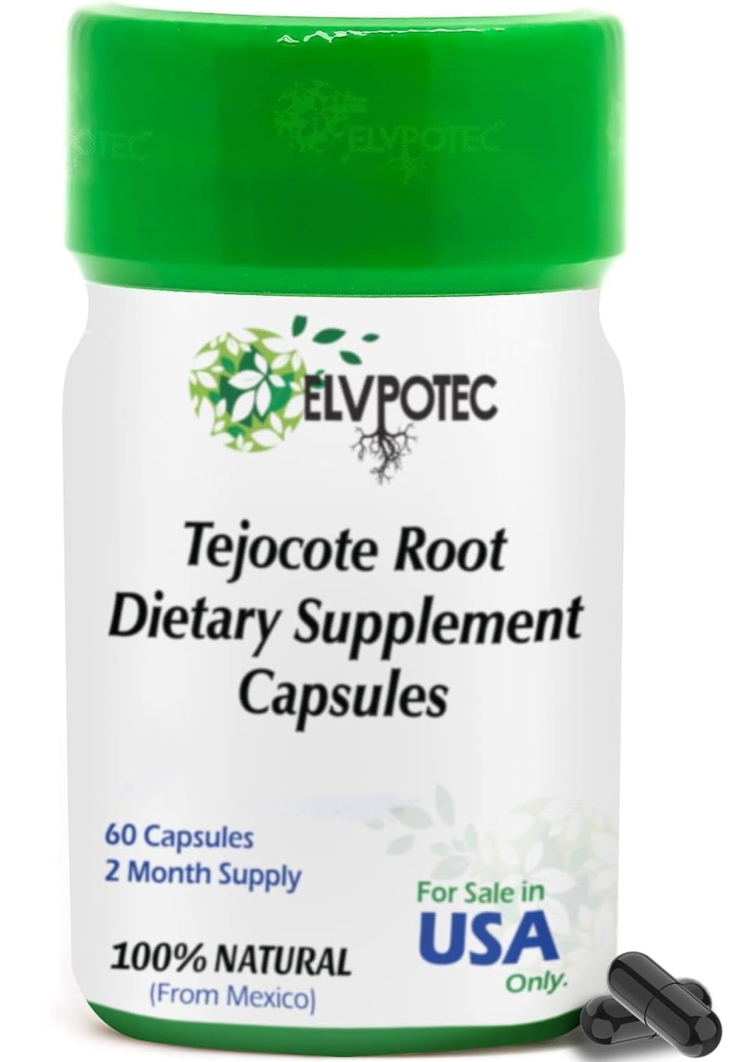 ELVPOTEC Mexican Original capsules bottle on table promotes daily gut balance and comfort.