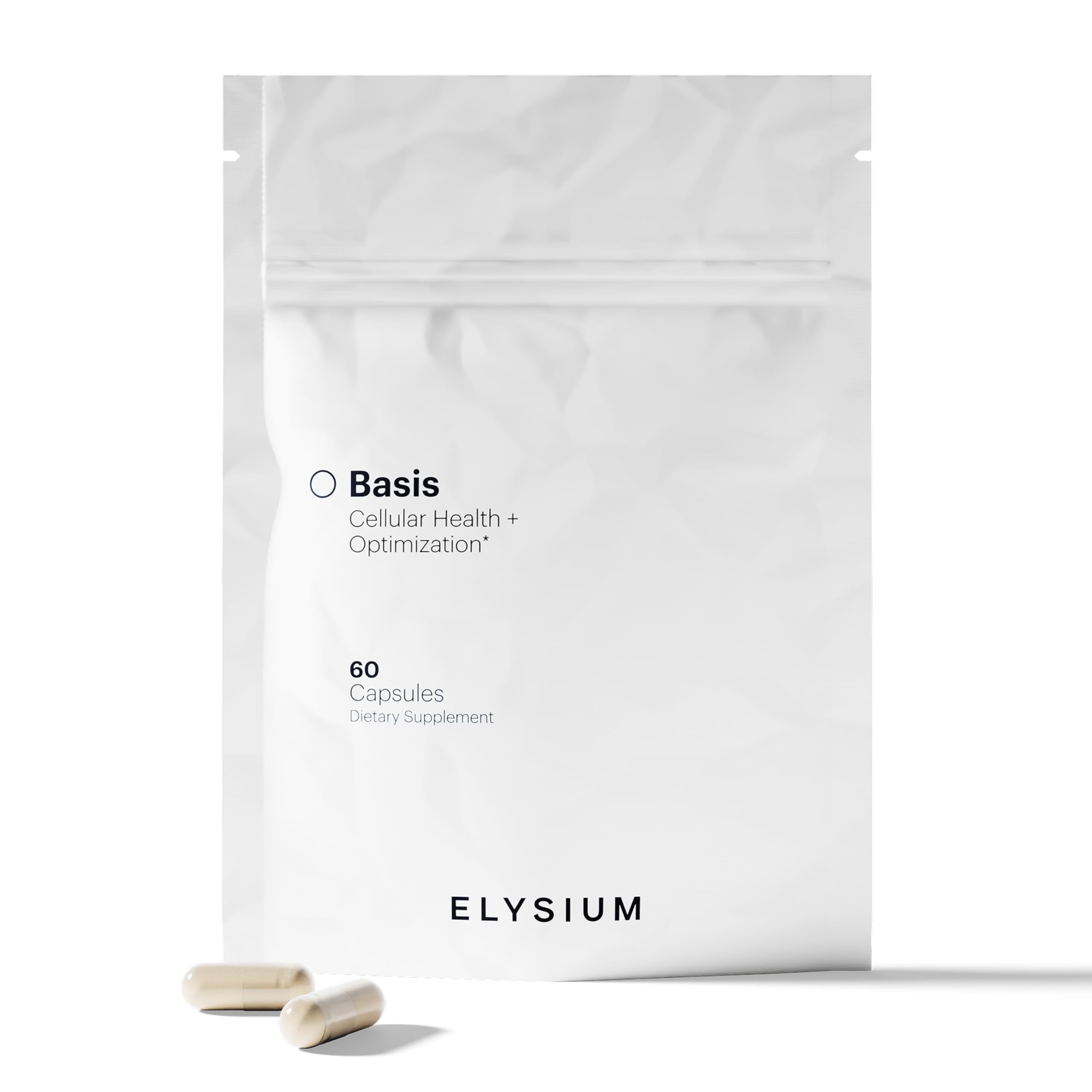 ELY-SIUM Basis NAD Plus bottle on white surface signaling premium NAD+ support