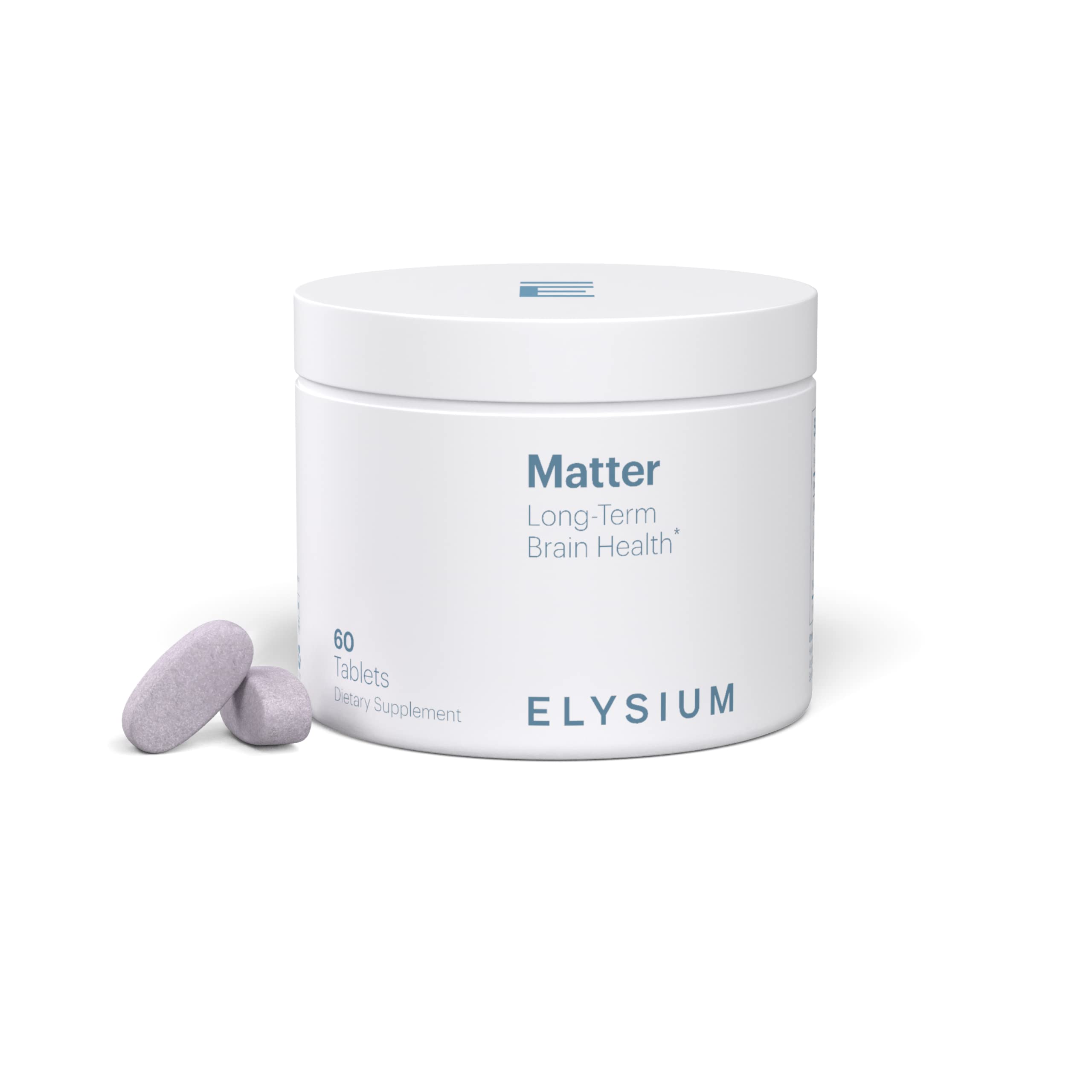 ELYSIUM Matter bottle front showing brain health support for memory and focus.