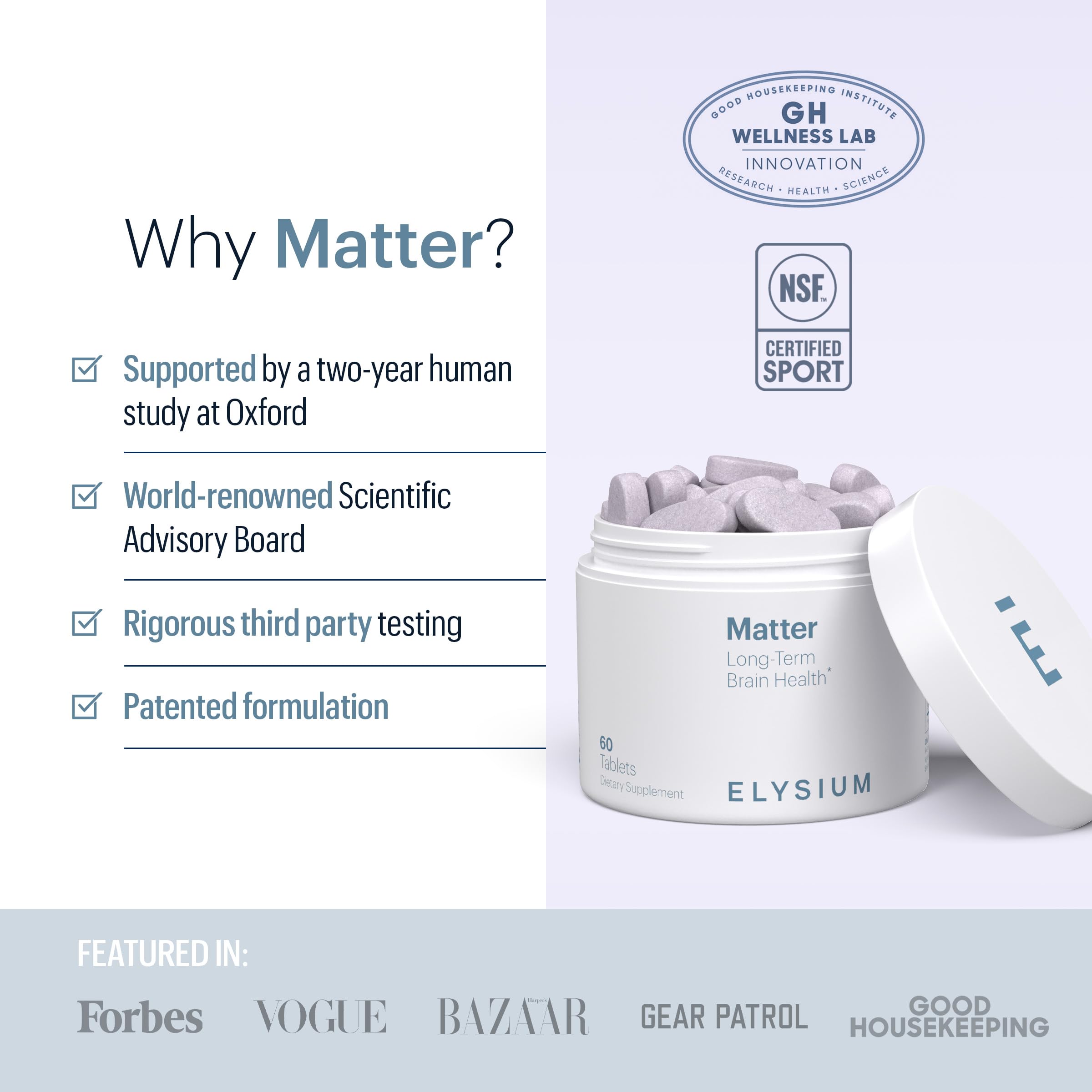 ELYSIUM Matter label details with Oxford partnership and NSF certification.