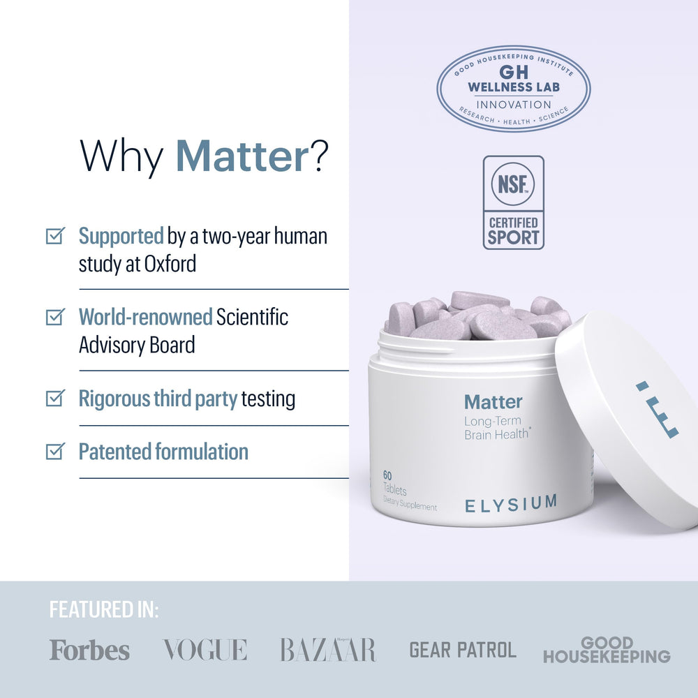 ELYSIUM Matter label details with Oxford partnership and NSF certification.
