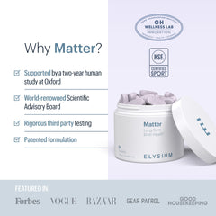 ELYSIUM Matter label details with Oxford partnership and NSF certification.