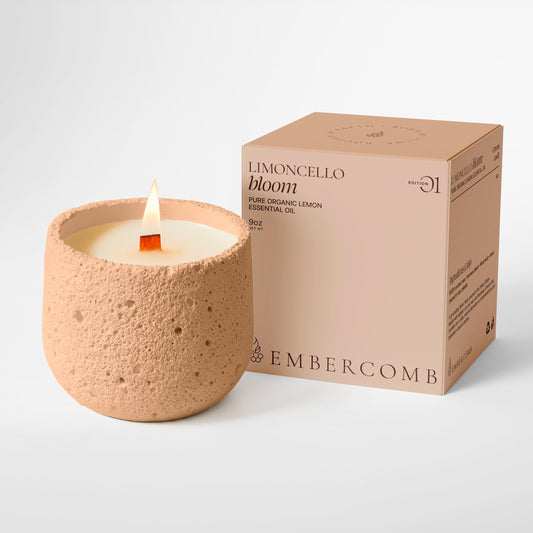 Embercomb Limoncello Bloom candle in ceramic jar with vibrant citrus aroma for brightening kitchens