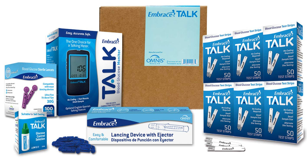 Embrace Talk meter with 300 test strips for easy at-home monitoring and quick results