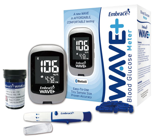 Embrace WAVE+ meter display clearly presents glucose readings for quick checks.