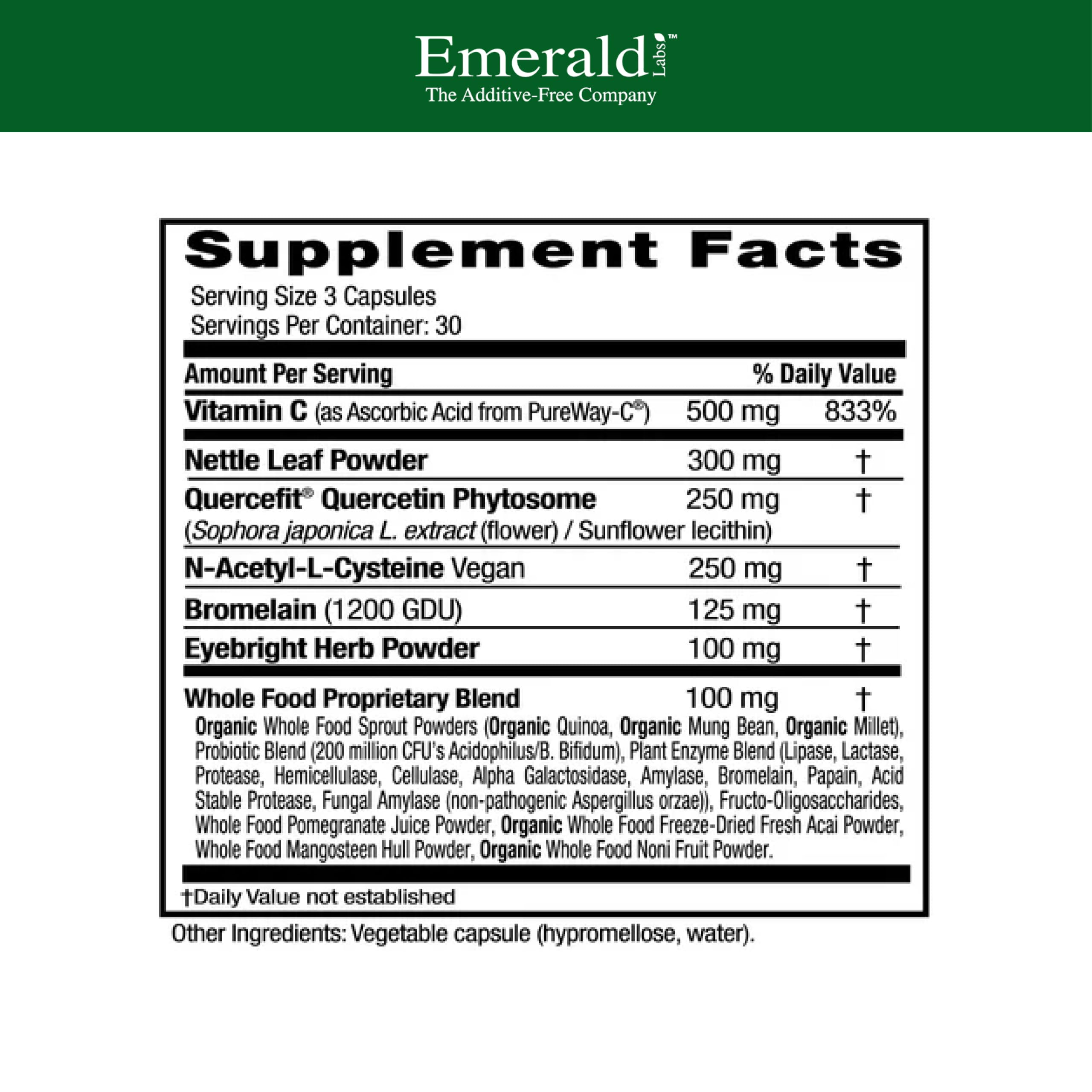 Emerald Labs Allergy Health capsules showing vegan, gluten-free formula