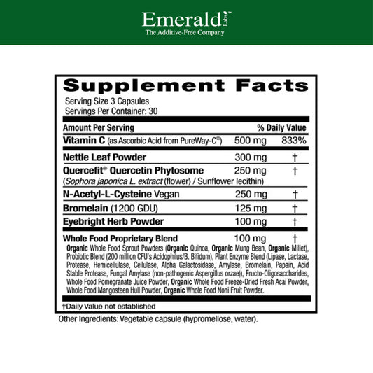 Emerald Labs Allergy Health capsules showing vegan, gluten-free formula