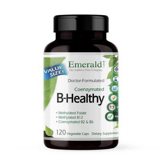 Emerald Labs B-Healthy bottle front view highlights vegan B complex for energy support
