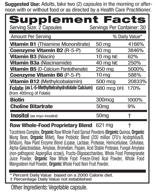 Emerald Labs B-Healthy label closeup shows methylated folic acid and full spectrum B vitamins