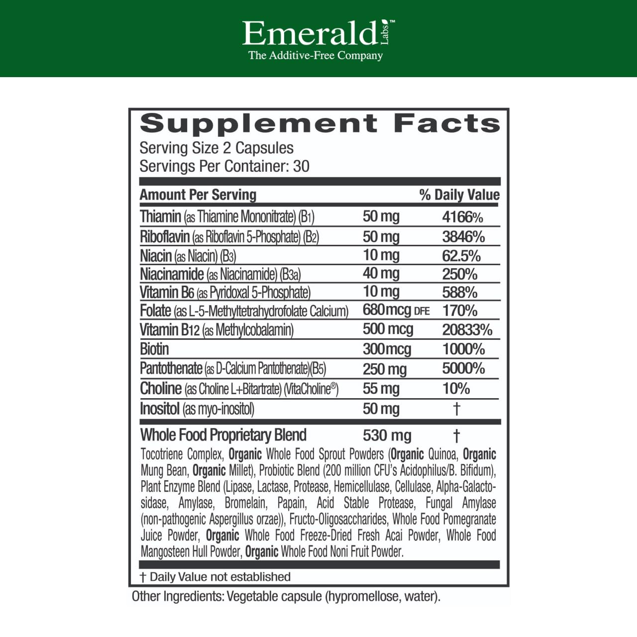 Emerald Labs B-Healthy capsules close-up, showcasing vegan vitamin B complex.