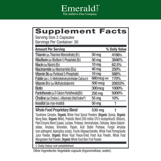 Emerald Labs B-Healthy capsules close-up, showcasing vegan vitamin B complex.