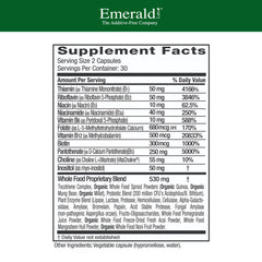 Emerald Labs B-Healthy capsules close-up, showcasing vegan vitamin B complex.