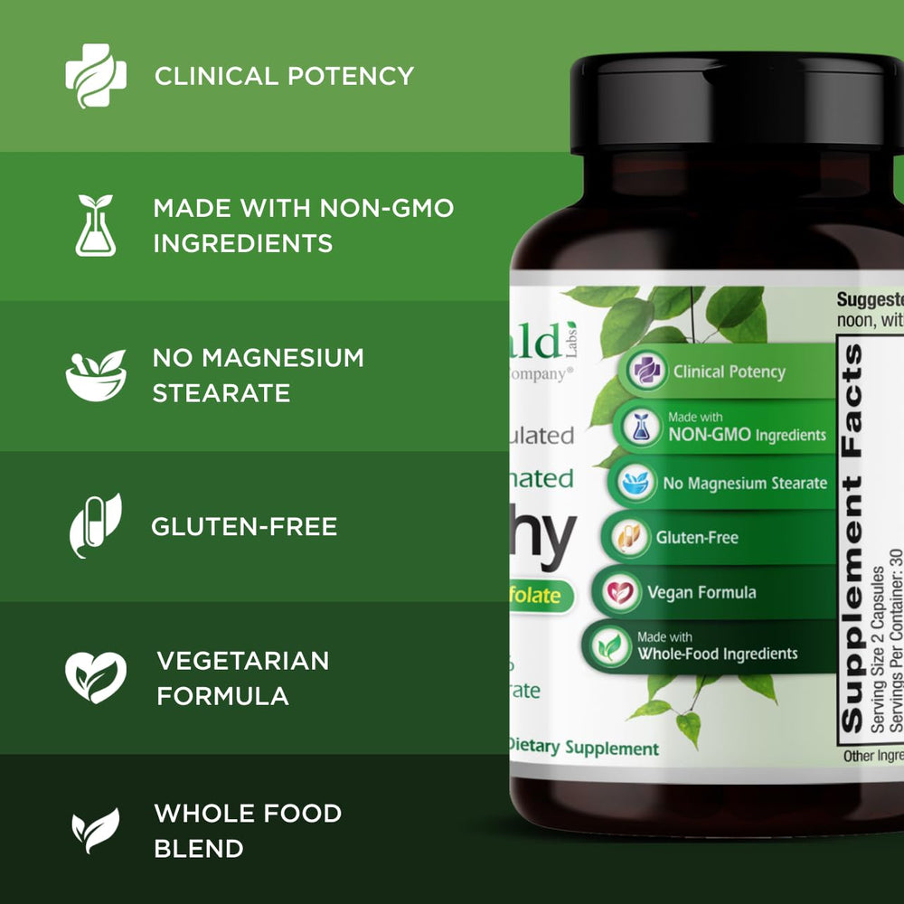 Emerald Labs B-Healthy vegan formulation on packaging highlighting allergen-free choice.