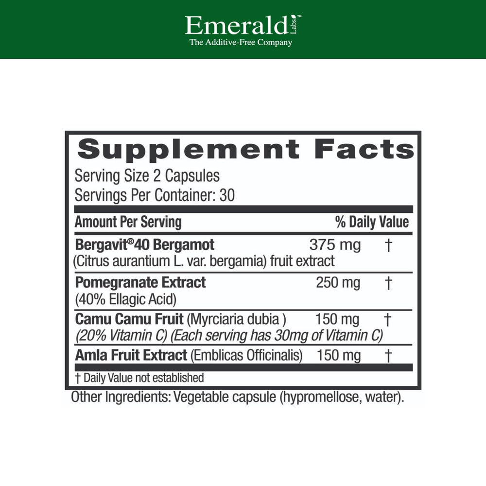 Close-up of Bergamot+ capsules highlighting vegan, gluten-free nutrition