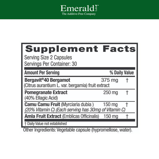 Close-up of Bergamot+ capsules highlighting vegan, gluten-free nutrition