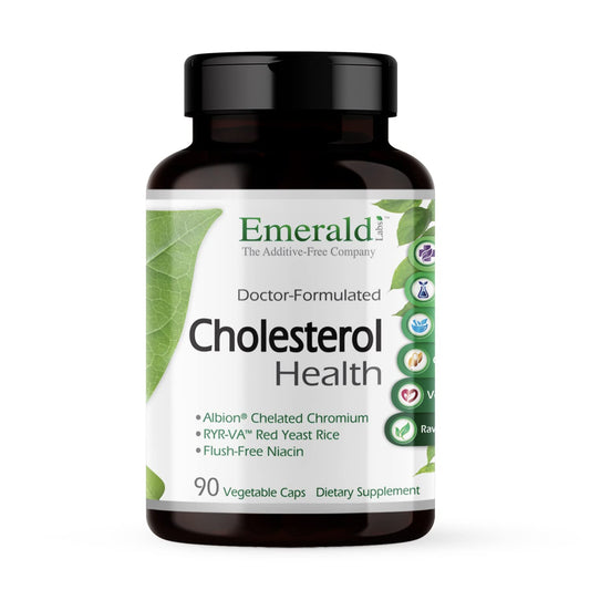 Emerald Labs Cholesterol Health bottle promotes vascular wellness during daily use.