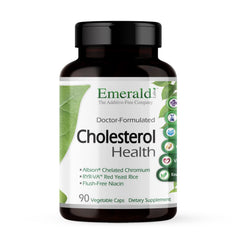 Emerald Labs Cholesterol Health bottle promotes vascular wellness during daily use.