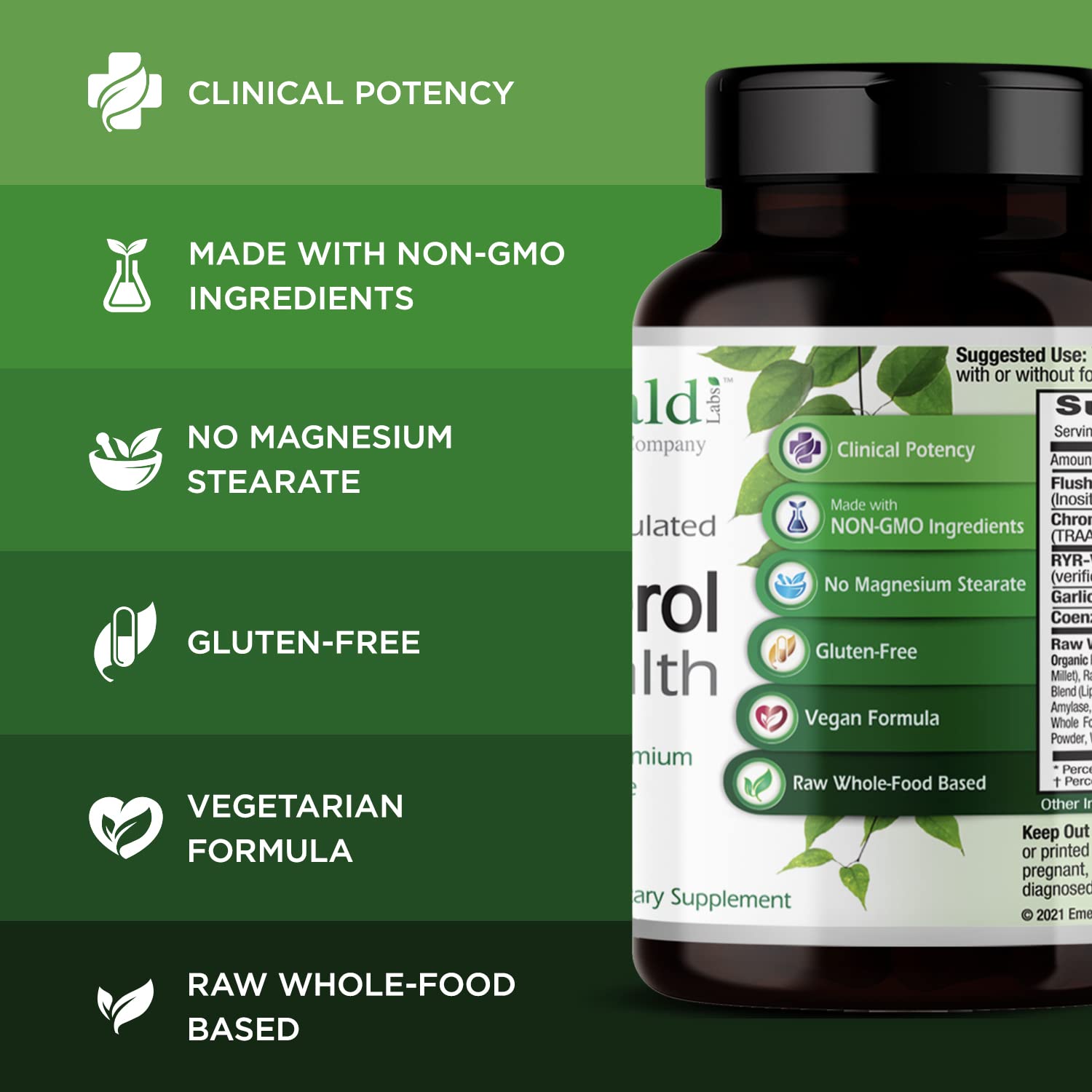 Emerald Labs Cholesterol Health RYR-VA and garlic label emphasizing circulatory support.