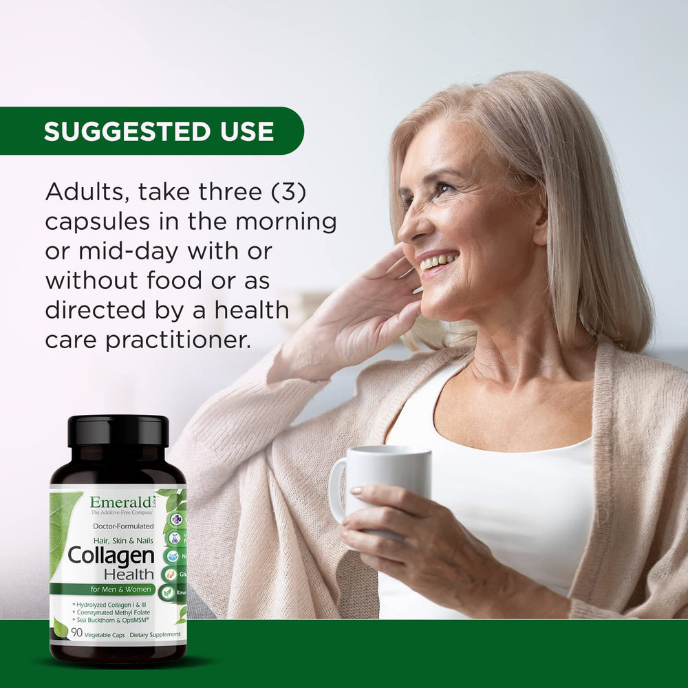Emerald Labs Collagen Health packaging close-up highlighting nutrient-rich formula.