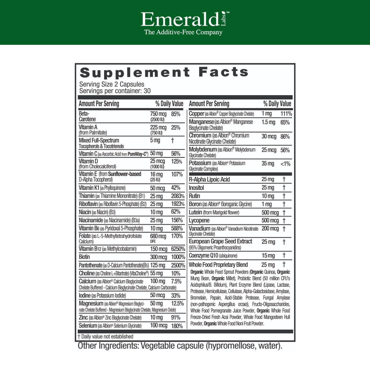 Emerald Labs Complete Premium Multi bottle back label highlights Albion minerals and PureWay-C.