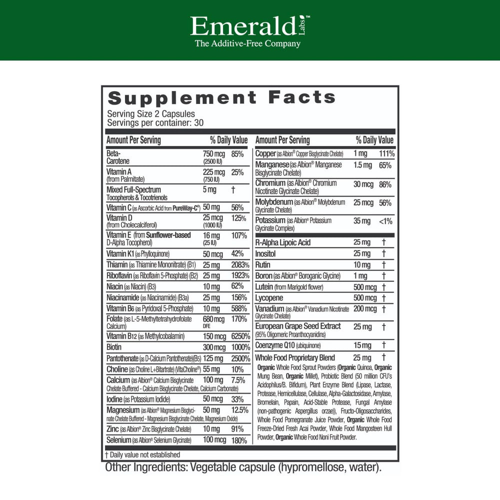Emerald Labs Complete Premium Multi bottle back label highlights Albion minerals and PureWay-C.