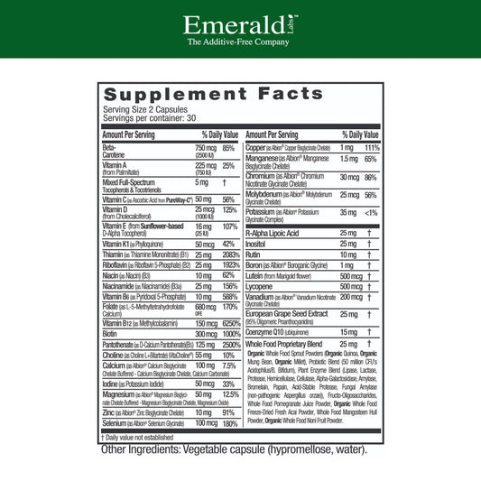 Emerald Labs Complete Premium Multi bottle back label highlights Albion minerals and PureWay-C.