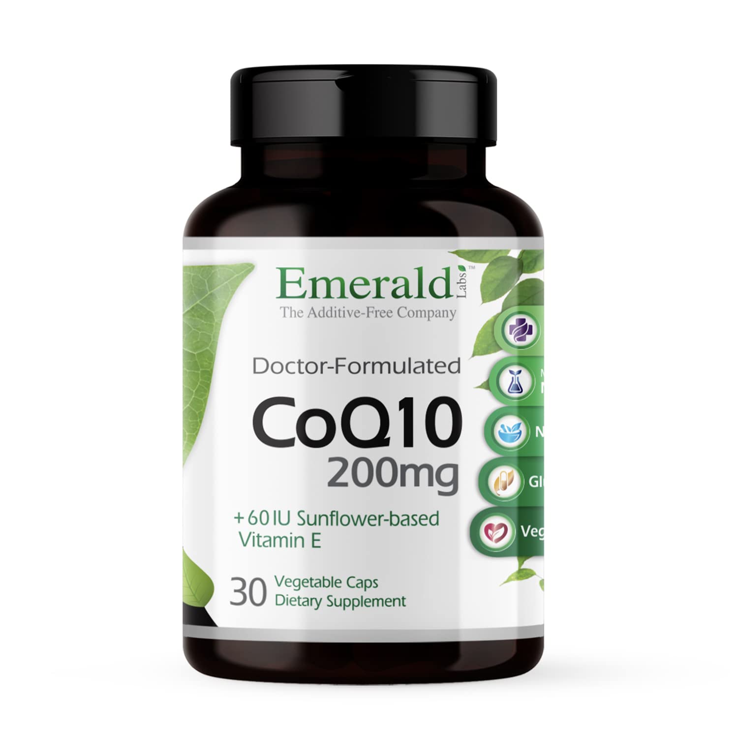 Emerald Labs CoQ10 bottle front view highlighting product details and benefits