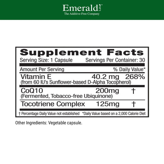 Emerald Labs CoQ10 label close-up showing natural vitamin E source
